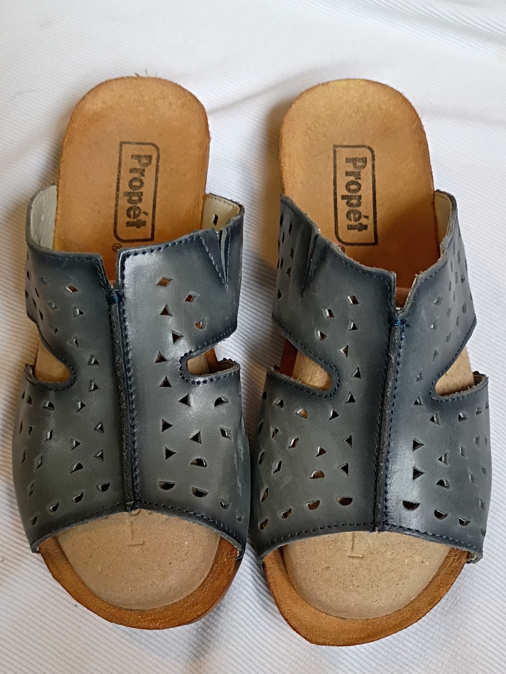 Propet Women's Blue Lazer Cut  Slide Sandals. Wide Width